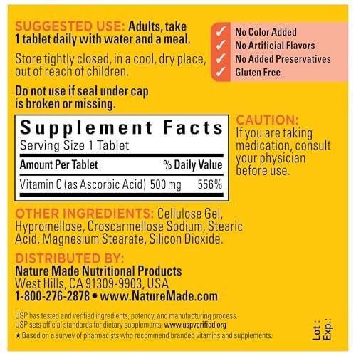 Nature Made Vitamin C 500 mg Tablets, Dietary Supplement for Immune Support, 100 Tablets, 100 Day Supply - görsel 6