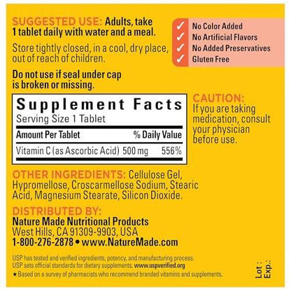 Nature Made Vitamin C 500 mg Tablets, Dietary Supplement for Immune Support, 100 Tablets, 100 Day Supply