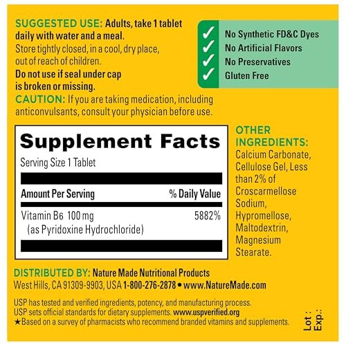 Nature Made Vitamin B6 100mg, B6 Vitamins for Energy Metabolism Support, 100 Tablets, 100 Day Supply - görsel 11