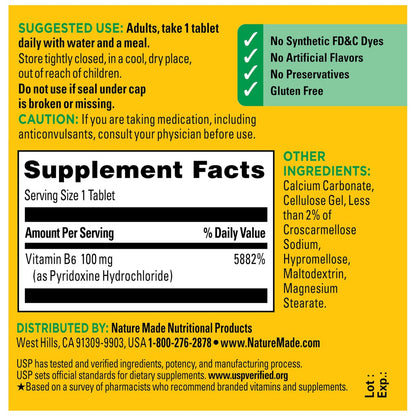 Nature Made Vitamin B6 100mg, B6 Vitamins for Energy Metabolism Support, 100 Tablets, 100 Day Supply