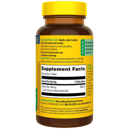 Nature Made Vitamin B6 100mg, B6 Vitamins for Energy Metabolism Support, 100 Tablets, 100 Day Supply