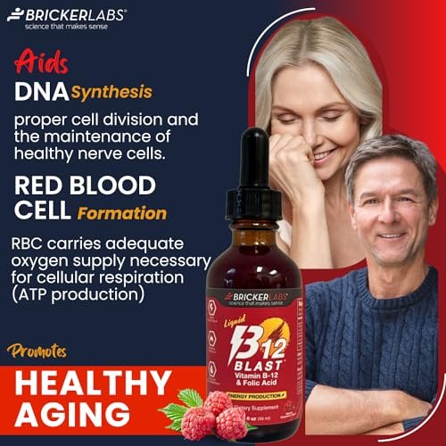 Bricker Labs B-12 Blast Liquid Vitamin B12 and Folic Acid Supplement, Support Energy Production, Great Tasting Liquid Vitamin B12 Dietary Supplement in Natural Raspberry Flavor, 2 fl oz - görsel 14