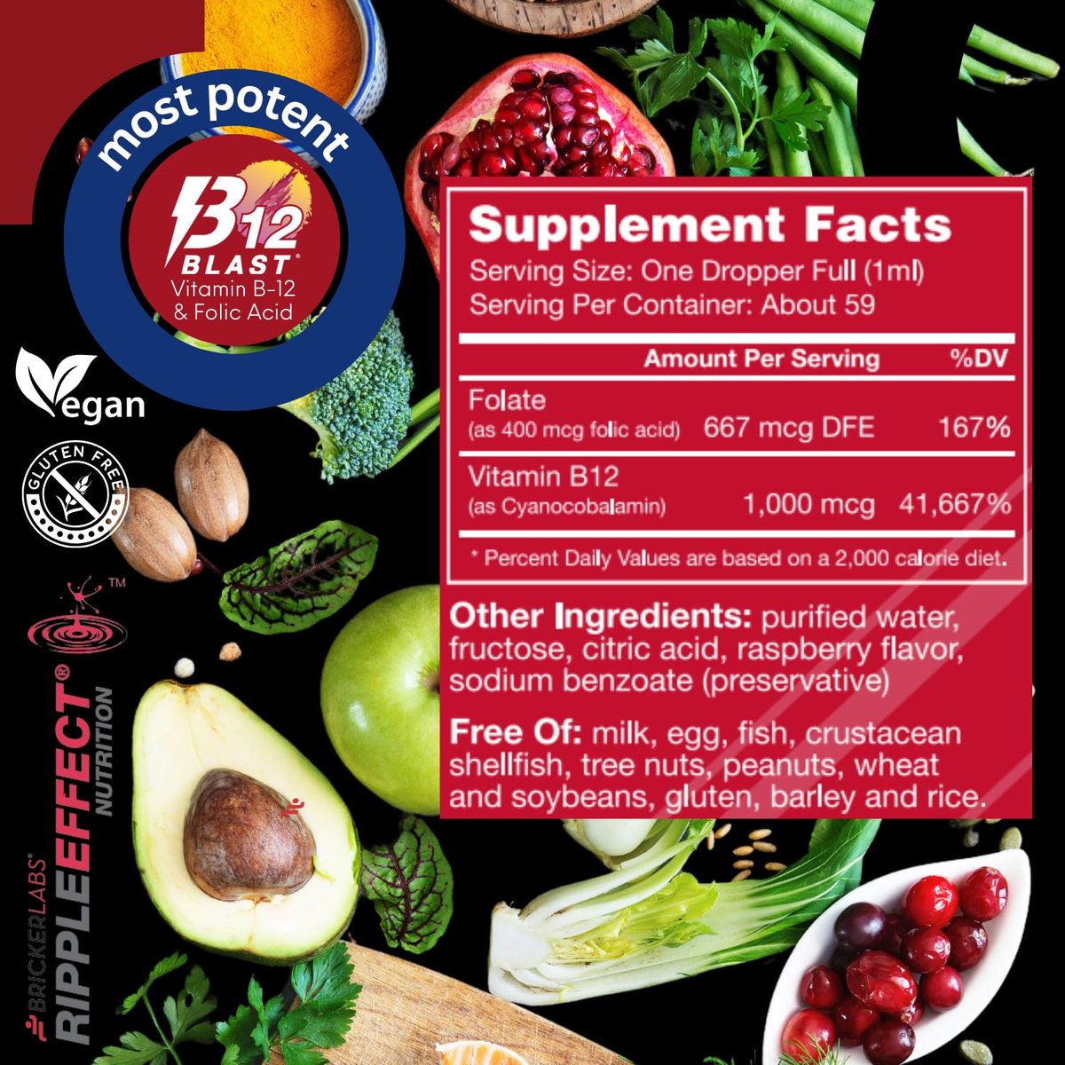 Bricker Labs B-12 Blast Liquid Vitamin B12 and Folic Acid Supplement, Support Energy Production, Great Tasting Liquid Vitamin B12 Dietary Supplement in Natural Raspberry Flavor, 2 fl oz - görsel 11
