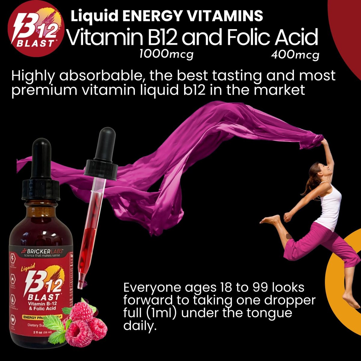 Bricker Labs B-12 Blast Liquid Vitamin B12 and Folic Acid Supplement, Support Energy Production, Great Tasting Liquid Vitamin B12 Dietary Supplement in Natural Raspberry Flavor, 2 fl oz - görsel 15