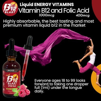 Bricker Labs B-12 Blast Liquid Vitamin B12 and Folic Acid Supplement, Support Energy Production, Great Tasting Liquid Vitamin B12 Dietary Supplement in Natural Raspberry Flavor, 2 fl oz