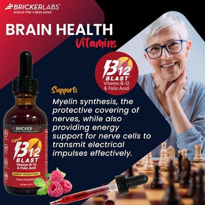 Bricker Labs B-12 Blast Liquid Vitamin B12 and Folic Acid Supplement, Support Energy Production, Great Tasting Liquid Vitamin B12 Dietary Supplement in Natural Raspberry Flavor, 2 fl oz