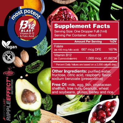 Bricker Labs B-12 Blast Liquid Vitamin B12 and Folic Acid Supplement, Support Energy Production, Great Tasting Liquid Vitamin B12 Dietary Supplement in Natural Raspberry Flavor, 2 fl oz