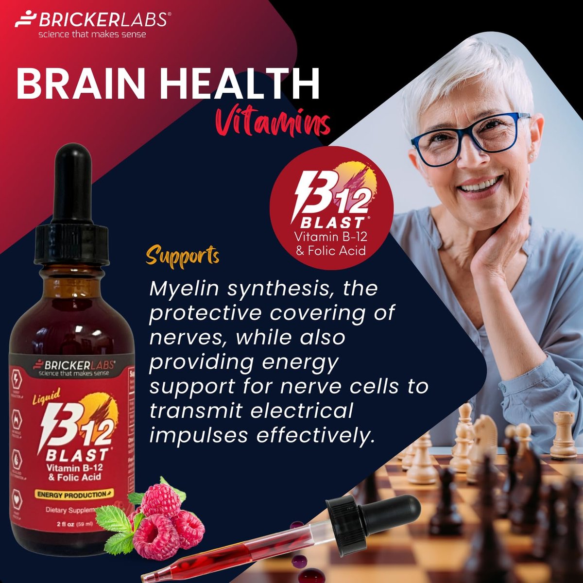 Bricker Labs B-12 Blast Liquid Vitamin B12 and Folic Acid Supplement, Support Energy Production, Great Tasting Liquid Vitamin B12 Dietary Supplement in Natural Raspberry Flavor, 2 fl oz - görsel 5