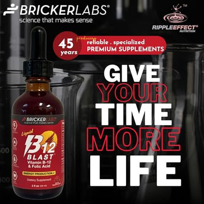 Bricker Labs B-12 Blast Liquid Vitamin B12 and Folic Acid Supplement, Support Energy Production, Great Tasting Liquid Vitamin B12 Dietary Supplement in Natural Raspberry Flavor, 2 fl oz