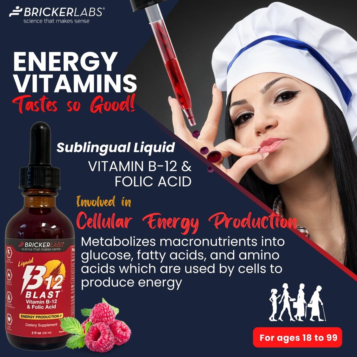 Bricker Labs B-12 Blast Liquid Vitamin B12 and Folic Acid Supplement, Support Energy Production, Great Tasting Liquid Vitamin B12 Dietary Supplement in Natural Raspberry Flavor, 2 fl oz - görsel 3