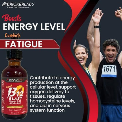 Bricker Labs B-12 Blast Liquid Vitamin B12 and Folic Acid Supplement, Support Energy Production, Great Tasting Liquid Vitamin B12 Dietary Supplement in Natural Raspberry Flavor, 2 fl oz