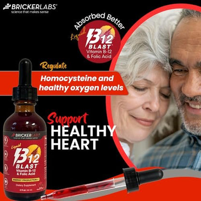 Bricker Labs B-12 Blast Liquid Vitamin B12 and Folic Acid Supplement, Support Energy Production, Great Tasting Liquid Vitamin B12 Dietary Supplement in Natural Raspberry Flavor, 2 fl oz