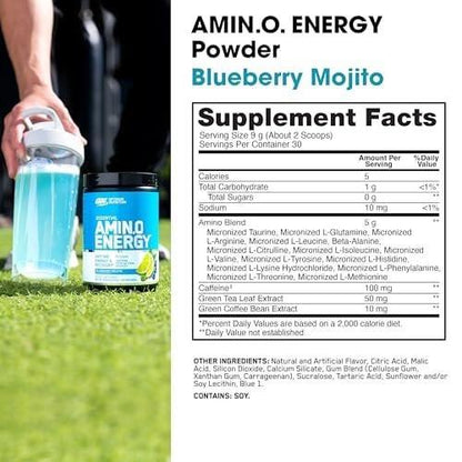 Optimum Nutrition Amino Energy - Pre Workout with Green Tea, BCAA, Amino Acids, Keto Friendly, Green Coffee Extract, Energy Powder - Blueberry Mojito, 30 Servings (Packaging May Vary)
