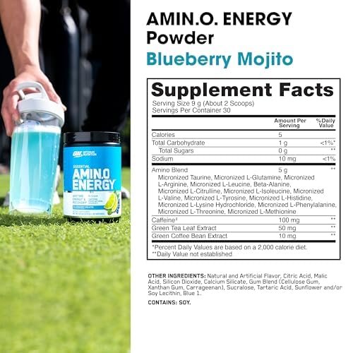 Optimum Nutrition Amino Energy - Pre Workout with Green Tea, BCAA, Amino Acids, Keto Friendly, Green Coffee Extract, Energy Powder - Blueberry Mojito, 30 Servings (Packaging May Vary) - görsel 1
