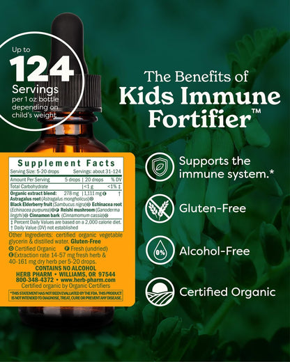 Herb Pharm Kids Immune Fortifier: Alcohol-Free Organic Immunity Supplement with Elderberry & Echinacea, Liquid Herbal Formula, 1 oz