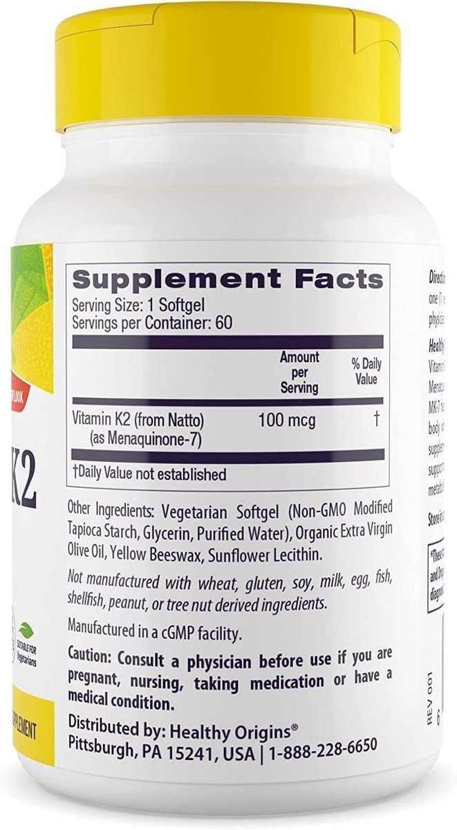 Healthy Origins Vitamin K2 100 mcg (MK-7, Non-GMO, Gluten Free, Cardiovascular Support, Bone Support), 60 Veggie Gels - görsel 4
