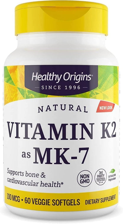 Healthy Origins Vitamin K2 100 mcg (MK-7, Non-GMO, Gluten Free, Cardiovascular Support, Bone Support), 60 Veggie Gels