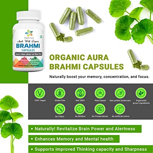 Organic Aura Brahmi Capsules -120 Count. Naturally Strengthens and Boosts Immunity and Memory. Whole Green SuperFood. Non GMO - Gluten Free. - görsel 6