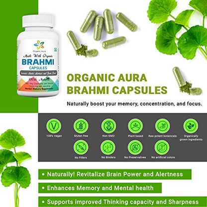 Organic Aura Brahmi Capsules -120 Count. Naturally Strengthens and Boosts Immunity and Memory. Whole Green SuperFood. Non GMO - Gluten Free.