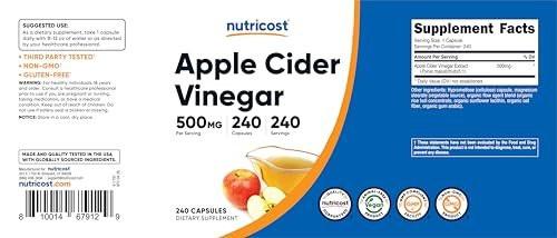 Nutricost Apple Cider Vinegar Capsules 500mg, 240 Vegetarian Capsules - Natural, Vegetarian, GMP, Non-GMO and Gluten Free - görsel 17