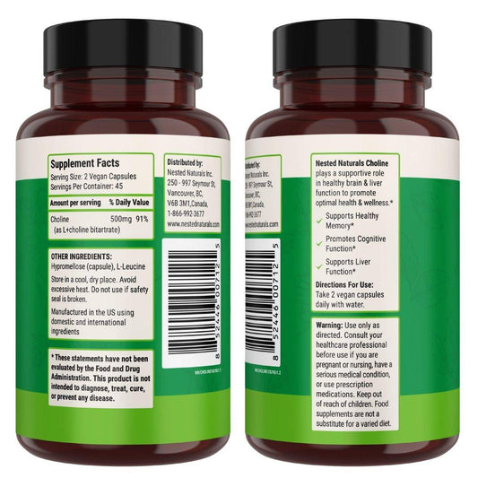 Nested Naturals Choline Bitartrate 500mg Per Serving - High Potency Choline Supplements - Supports Cognitive Performance & Liver Function - 100% Vegan & Non-GMO Choline - 90 Vegan Capsules