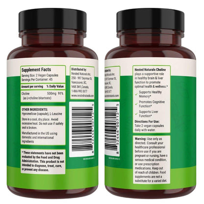 Nested Naturals Choline Bitartrate 500mg Per Serving - High Potency Choline Supplements - Supports Cognitive Performance & Liver Function - 100% Vegan & Non-GMO Choline - 90 Vegan Capsules