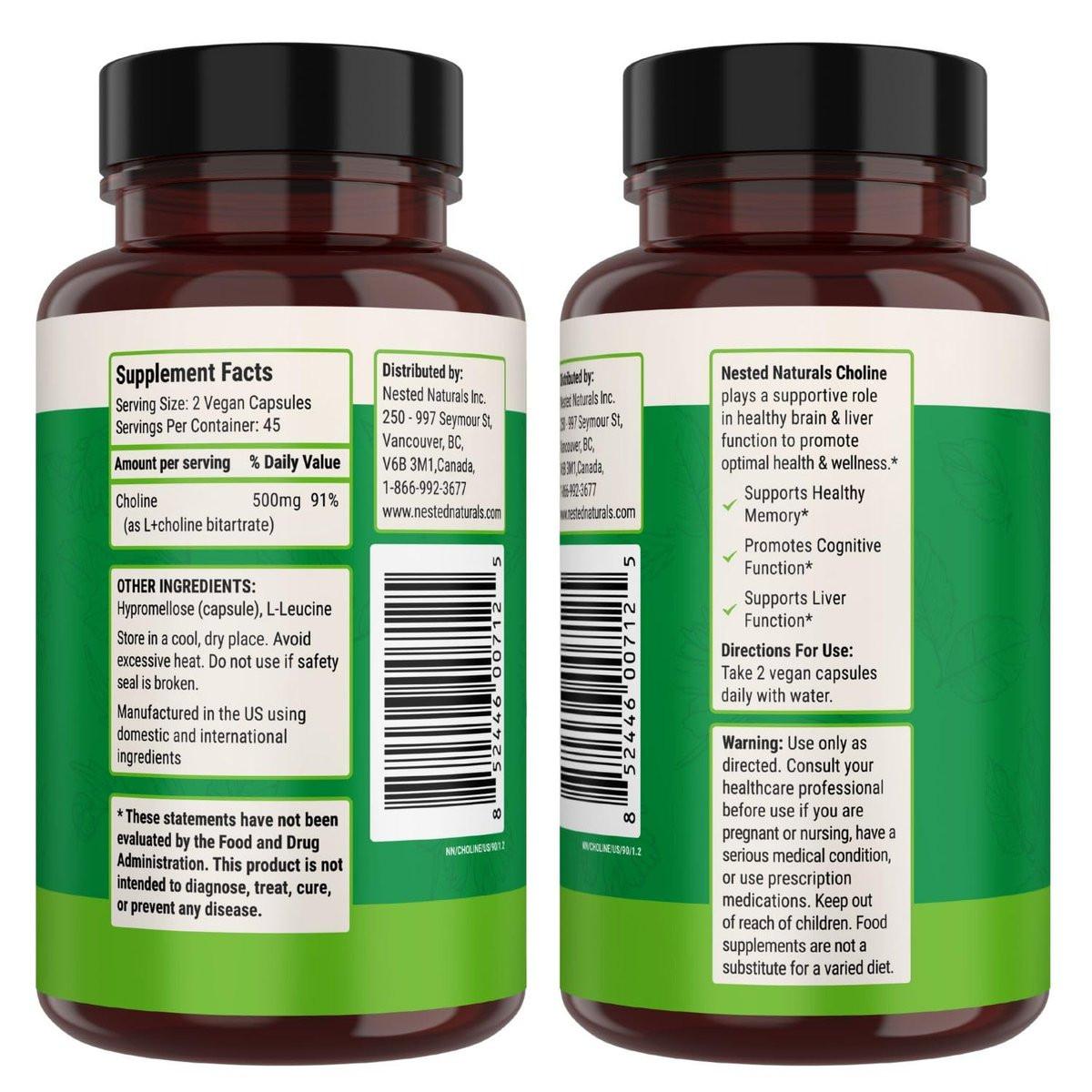 Nested Naturals Choline Bitartrate 500mg Per Serving - High Potency Choline Supplements - Supports Cognitive Performance & Liver Function - 100% Vegan & Non-GMO Choline - 90 Vegan Capsules - görsel 2