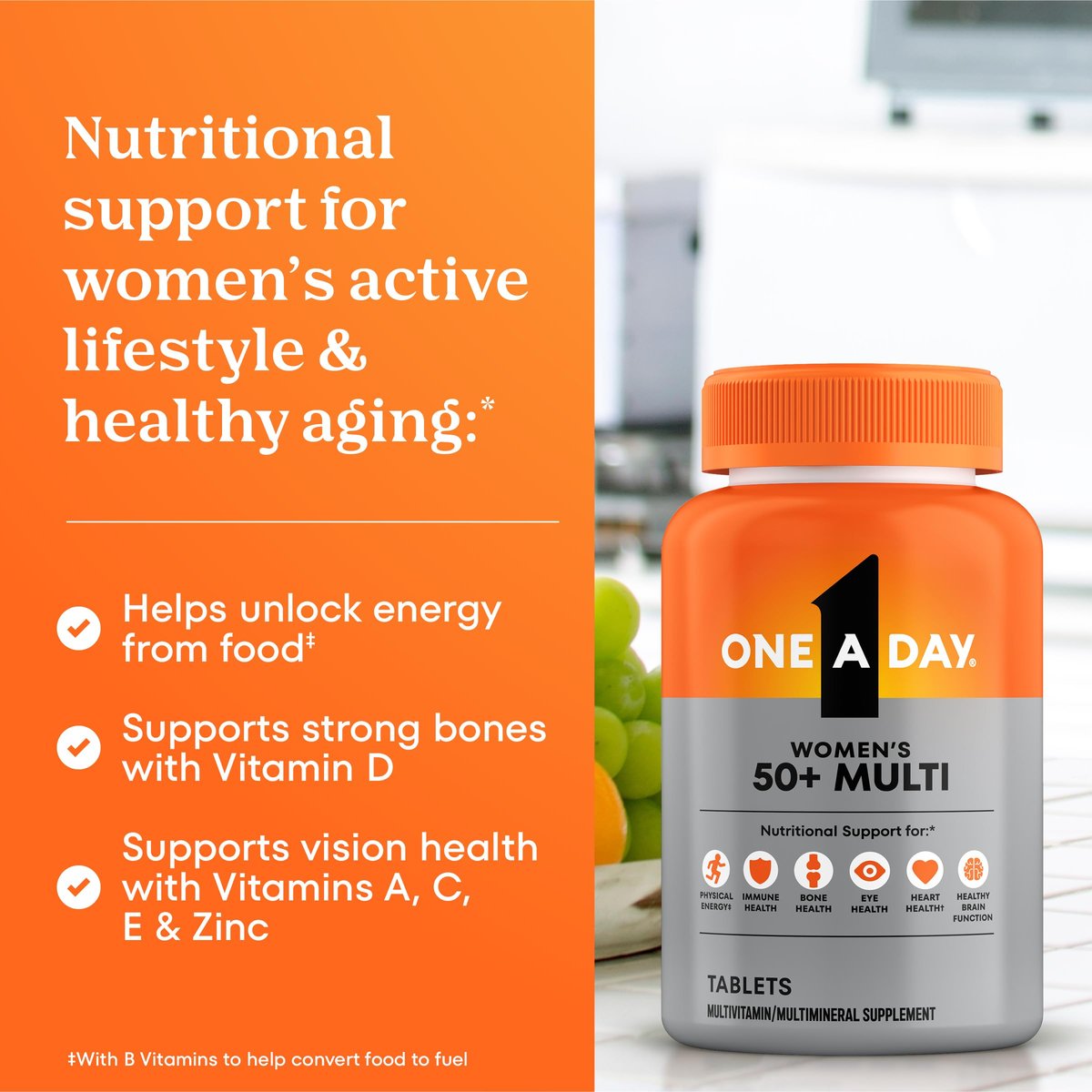 One A Day Multivitamin for Women 50 and Over Tablets, Womens Multivitamin 50 plus with Vitamins D, C, E, Zinc & Biotin, Daily Vitamins for Woman 50+, 100 Ct (Packaging May Vary) - görsel 8