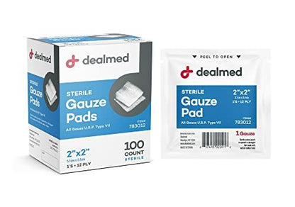 Dealmed 2'' x 2'' Sterile Gauze Pads (100 Count) – Individually Wrapped Medical Gauze Pads for First Aid and Wound Care