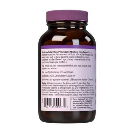 Bluebonnet Nutrition EarthSweet Melatonin 1 mg Fast-Acting Quick Dissolve Nighttime Relaxation & Restful Sleep Support - Sleep Aid - Gluten-Free, Vegan - Raspberry Flavor - 120 Chewable Tablets