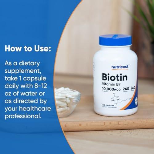 Nutricost Biotin (Vitamin B7) 10,000mcg (10mg) Vitamin Supplement, 240 Capsules - Vegetarian, Gluten Free, Quick Release, Non-GMO - görsel 1