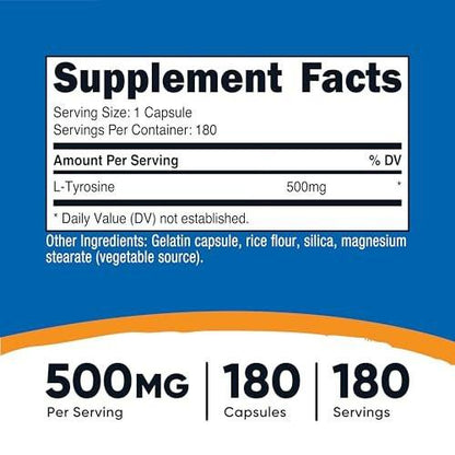 Nutricost L-Tyrosine 500mg, 180 Capsules - Gluten Free & Non-GMO