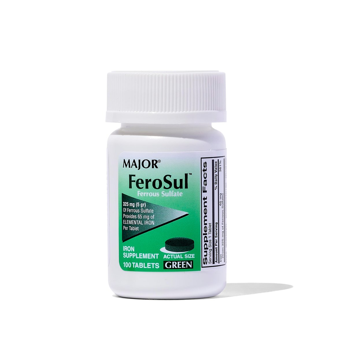 Major Ferosul - Ferrous Sulfate 325mg Tablets with 65mg of Elemental Iron - Iron Supplement for Women, Men - Green - 100 Count - görsel 1
