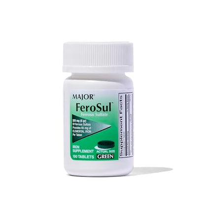 Major Ferosul - Ferrous Sulfate 325mg Tablets with 65mg of Elemental Iron - Iron Supplement for Women, Men - Green - 100 Count