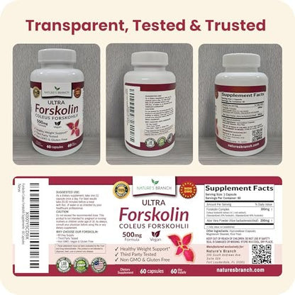 Ultra Forskolin for Weight Support 500mg - Maximum Strength Coleus Forskohlii Root Powder Extract for Men & Women, for Heart Health - Extra Strength Energy Complex, (2 Month Supply) 60 Capsules