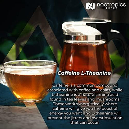 Nootropics Depot Caffeine and L-Theanine Capsules | 60 Pills | 100mg Caffeine + 200mg L-Theanine | Natural Energy & Focus Supplement