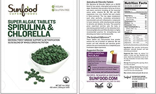 Sunfood Superfoods Chlorella Spirulina Tablets - Spirulina and Chlorella Green Algae Tablets for Women & Men, Source of Chlorophyll, B Vitamins, and Protein, Broken Cell Wall, Vegan - 4 oz Bag - görsel 1