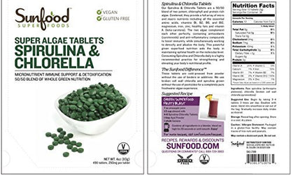 Sunfood Superfoods Chlorella Spirulina Tablets - Spirulina and Chlorella Green Algae Tablets for Women & Men, Source of Chlorophyll, B Vitamins, and Protein, Broken Cell Wall, Vegan - 4 oz Bag