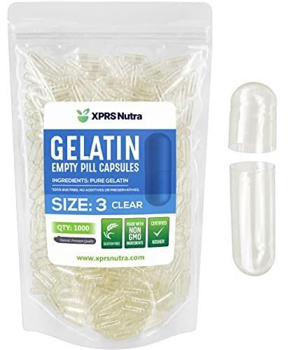 XPRS Nutra Size 3 Empty Capsules - 1000 Count Empty Gelatin Capsules - Pills DIY Capsule Filling - Clear Pure Bovine Pill Gel Cap Fillable for Do-It-Yourself Vitamins and Supplements - görsel 1