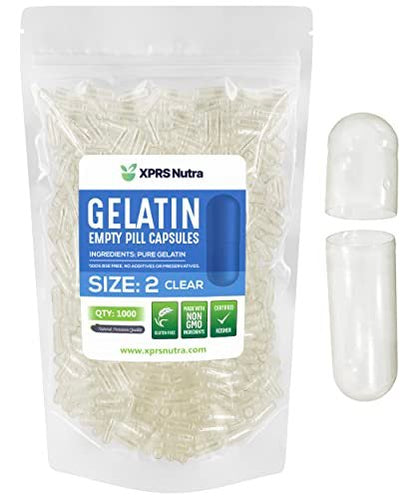 XPRS Nutra Size 2 Empty Capsules - 1000 Count Clear Empty Gelatin Capsules - Pills DIY Capsule Filling - Pure Bovine Pill Gel Caps for Do-It-Yourself Supplements