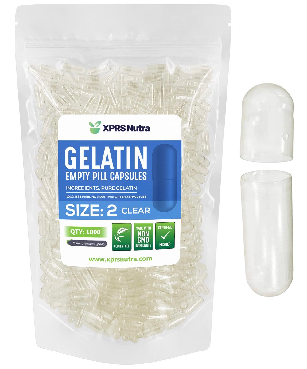 XPRS Nutra Size 2 Empty Capsules - 1000 Count Clear Empty Gelatin Capsules - Pills DIY Capsule Filling - Pure Bovine Pill Gel Caps for Do-It-Yourself Supplements - görsel 1