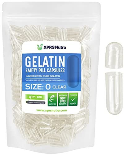 XPRS Nutra Size 0 Clear Empty Gelatin Capsules 100 Count - Kosher and Halal - Pure Gelatin Pill Capsule - DIY Powder Filling - Fillable Gel Caps for Do-It-Yourself Supplements
