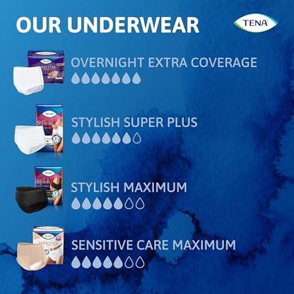 TENA Sensitive Care Overnight Incontinence Underwear for Women, Adult Diapers, XX-Large (Waist Sizes 47in–66in), Better Fit, 12 Count