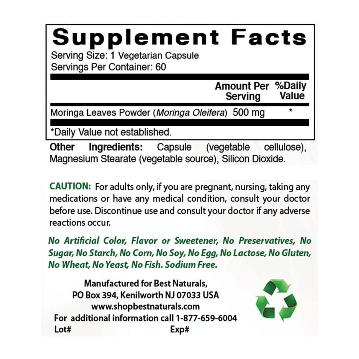 Best Naturals Moringa Superfood 500 mg 60 Veggie Capsules - görsel 3