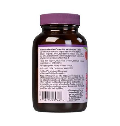 Bluebonnet Nutrition EarthSweet Melatonin 3 mg Fast-Acting Quick Dissolve Nighttime Relaxation & Restful Sleep Support - Sleep Aid - Gluten-Free, Vegan - Raspberry Flavor - 60 Chewable Tablets