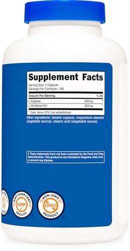 Nutricost L-Arginine L-Ornithine 750mg; 180 Capsules