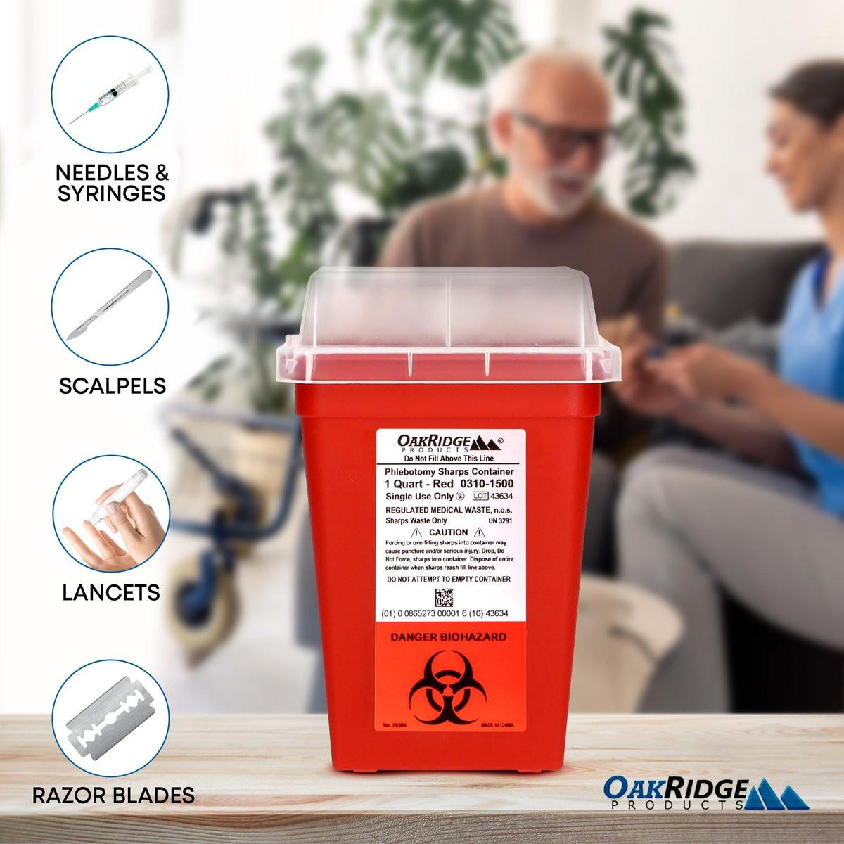 Oakridge Products Sharps Container for Home Use and Professional 1 Quart (3-Pack), Biohazard Needle and Syringe Disposal, Small Portable Container for Travel, CDC Certified - görsel 1