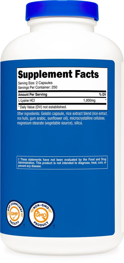 Nutricost L-Lysine 1000mg Per Serving, 250 Servings, 500 Capsules - Gluten Free, Non-GMO, 500mg Per Capsule