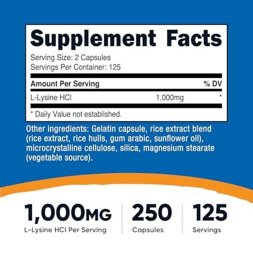 Nutricost L-Lysine 1000mg, 250 Capsules - 500mg Per Cap, Gluten Free, Non-GMO - görsel 7