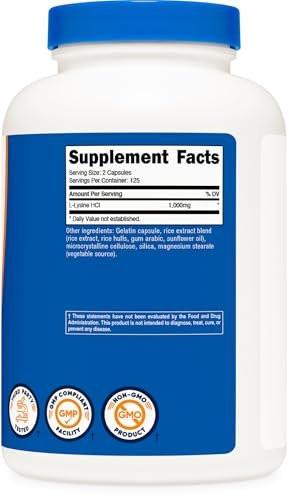 Nutricost L-Lysine 1000mg, 250 Capsules - 500mg Per Cap, Gluten Free, Non-GMO - görsel 1